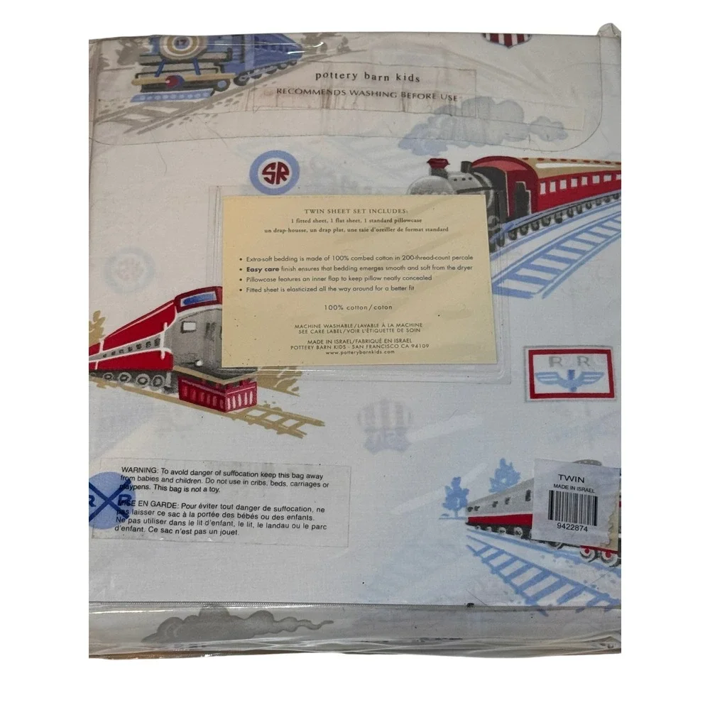 Pottery Barn Kids Railway Express Twin Sheet Set + Pillowcase NIP Cotton Trains